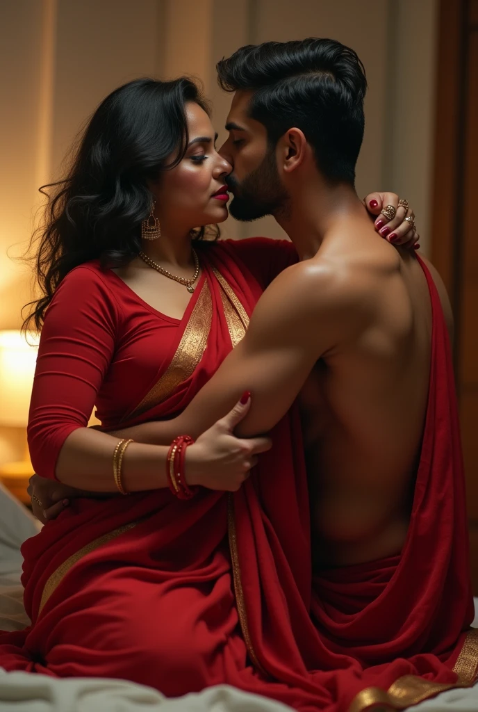 A Busty MILF Indian lady lying on Bed Wearing Saree with Large Breasts Exposed, Kissing a young Boy, Dim light in the room, Realistic image.