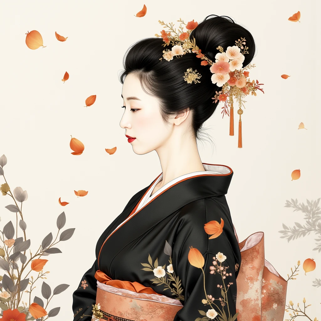 (traditonal chinese ink paiting),portrait,1woman, flying petals,Upper body, black_yukata,hair_decoration,