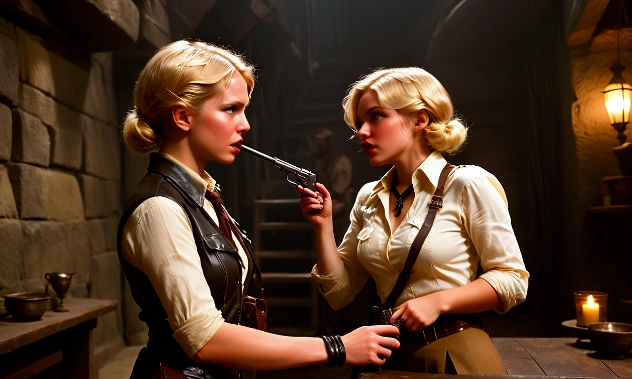 cute woman (role of Indiana Jones, sexy explorer outfit, hot scared college lesbian assistant (ditsy blonde damsel in distress), gun and whip), are passionately kissing and groping one another in a rough and tumble tavern in 1920s Himalaya's, evil Nazis in black leather cold weather gear watch in stunned silence
