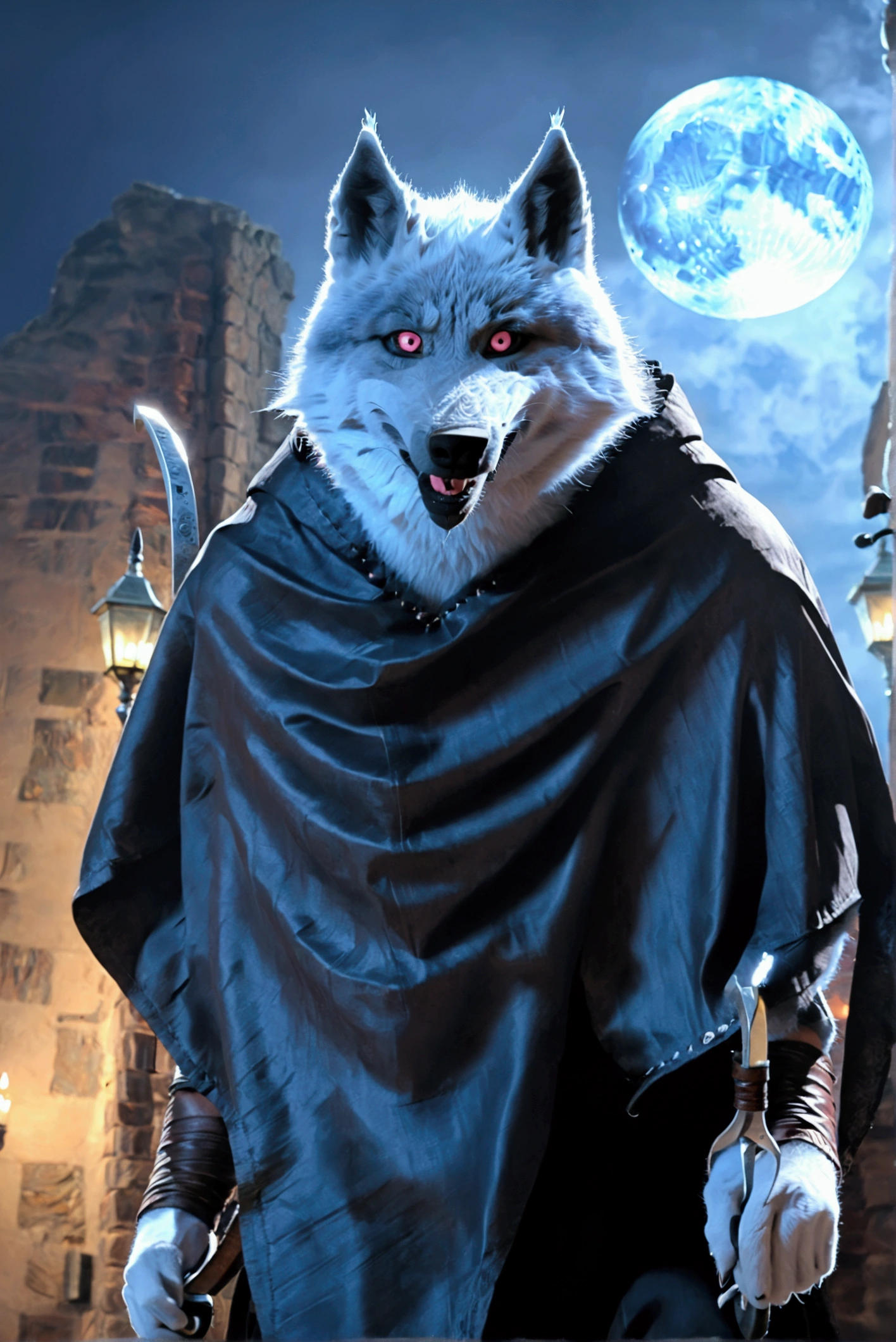 Dynamic angle, dynamic posture, plump youth wolf man, wolf furry, Only black cape and tight shorts, male focused, beautiful beard, Sharp eyes,male face, big face, square jawline, male eyes, big eyes, male eyebrows, furry body, outdoor, blue moon, masterpiece, of the best quality, very beautiful, absurd result.(((very Evil charm laughs heartily, evil laughter, temptation,Extend a pink tongue Lick your lips,Replace the weapon with two sickles)))