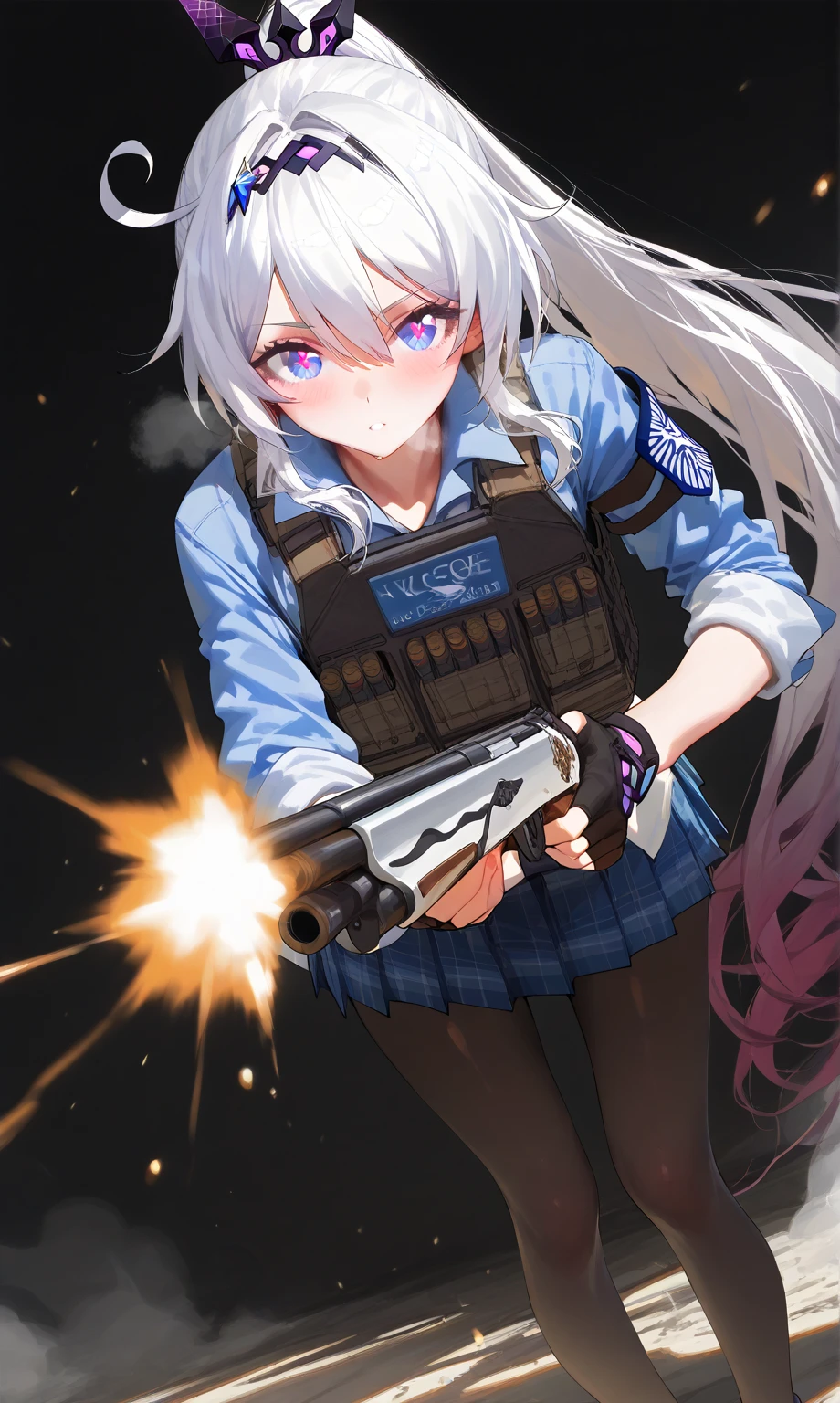 1girl, kiana kaslana \(honkai impact 3\), Herrscher of Finality, Silver hair, ahoge, long hair, ponytail, blue eyes, symbol-shape pupils, blush, heavy breath, pantyhose, airseal, (ciloranko:0.75), from above, dutch angle, feet out of frame, beretta 1301, shotgun, foreshortening, leaning forward, muzzle flash, steam, bulletproof vest, fingerless gloves, firing, holding gun, holding weapon, looking looking at viewer, parted lips, froating, (shade:1.2), (white and purple theme:0.7), pleated skirt, standing on one leg, sidelocks, sleeves rolled up, solo, dust cloud, light particles, depth of field, black background, (leviathan \(hikinito0902\), modare:0.75), masterpiece, best quality, good quality, newest, year 2024, year 2023