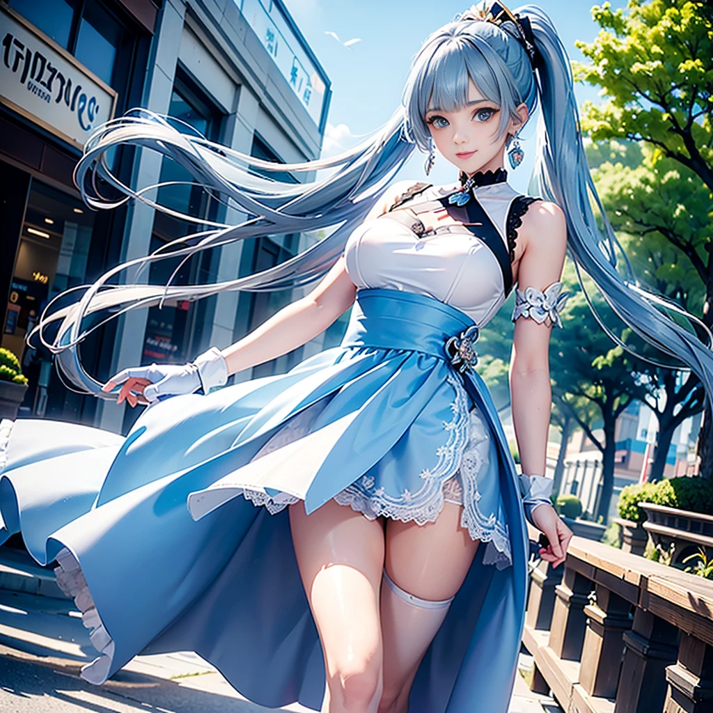 (Vulgar,nsfw),(skirt lift,very windy),(beautiful elegant white panties),very low angle,from below),((masterpiece, highest resolution,best quality)), (beautiful illustration), ((Kamisato Ayaka in Genshin Impact)), ((semi long beautiful silver blue hair,blunt bangs,pony tail,beautiful blue eyes)),(solo),(beautiful elegant office blouse and black skirt,skirt lifted by the wind),(looking at the viewer), (walking around the shopping mall),
(innocent smile, Embarrassed),(white over-kneehighs,Lace chalker, wristband, fingerless gloves, over-kneehighs,
Lace chalker, diamond necklace,wristband, fingerless gloves, earrings), (cinematic lighting, very windy),shopping mall,big city,busy street,day,blue sky,flowers and trees,crowded,(from the ground),(beautiful elegant Underwear patterns),