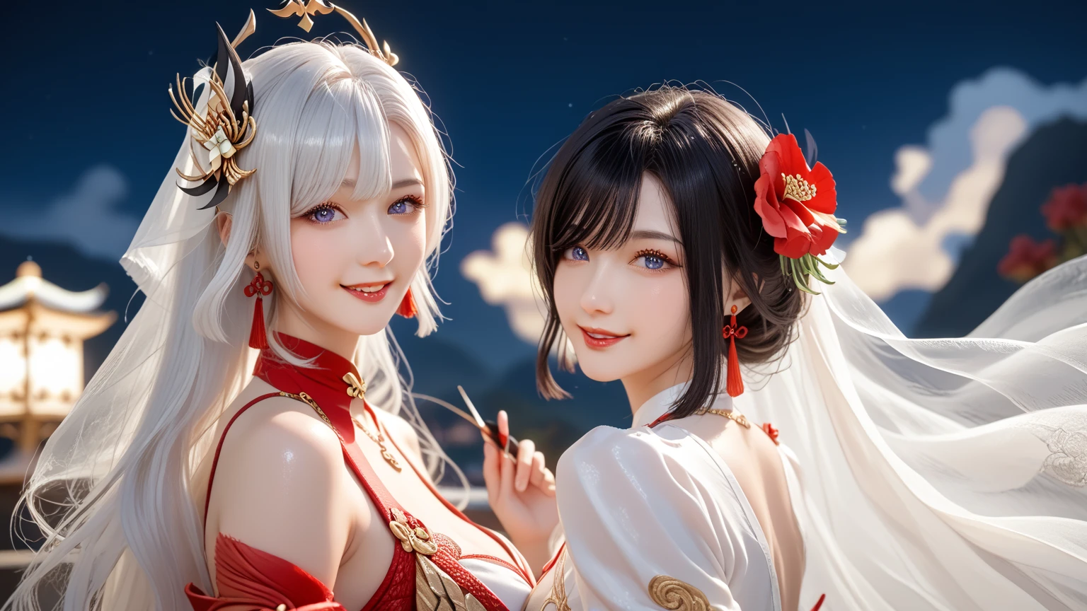 (masterpiece:1.2)、top-quality、(illustratio:1.2)、ornate decorations、(Masterfully crafted Glow、lensflare)、(ultra-detailliert)、Hyper-detailing、(delicate detail)、(intricate detailes)、(Cinematic Light、best quality backlight)、(Bioluminescent hair)、(radiant eyes)、(Dynamic:1.2)、((make - up))、absolutely eye-catching、prehistory、((Splash of colorful paint on background、dulux、))、((coustics))、dynamic ungle、(魅惑的)、(Intricately detailed cinematic:1.1)、Ambient Occlusion、ambient lights、ray tracing reflection、(The best lighting、extremely delicate and beautiful)、((Movie Light))、colourfull、powerfull、(Cinematic Masterpiece)、big dreamy eyes、perfectly proportions、perfectly drawn face、albedo、White hair、chain、comfy、Intense days々々々々々々々々々々々々々々々々々々々々々々、golden sky、seductiv、illustratio、Angels everywhere、yellow eyes、A red rose、chains、splashes of colour、smooth soft skin、the golden hour、Atmosphere、a park、nobara、bullets、Breathtaking、Ambient light coming from the sky、 chain、godrays、The halo、beautiful intricate colored hair、Symmetrical and soft lighting、concept-art、digitial painting、Take a peek at the scenery、realistic reflection、Soft and warm glow coming from tracers everywhere Amaterasu , Incarnation of the Sun, Supreme God of Japan, The god of ancient Japan and the deification of the sun. Ancestors of the Emperor of the Japan, Shinto deity of Japan, Amaterasu Colorful、highestdetailed Tsukiyomi Dojin, Tsukiyo Mizun, Moon incarnation, Supreme God of Japan, The god of ancient Japan and the deification of the moon. Ancestors of the Emperor of the Japan, Shinto deity of Japan, Amaterasu's sister, The background is the Japan shrine sisters, The background is a shrine of Japan Colossal tits plump udder A sexy High exposure Black costume Glamorous Black kimono Black Impulse