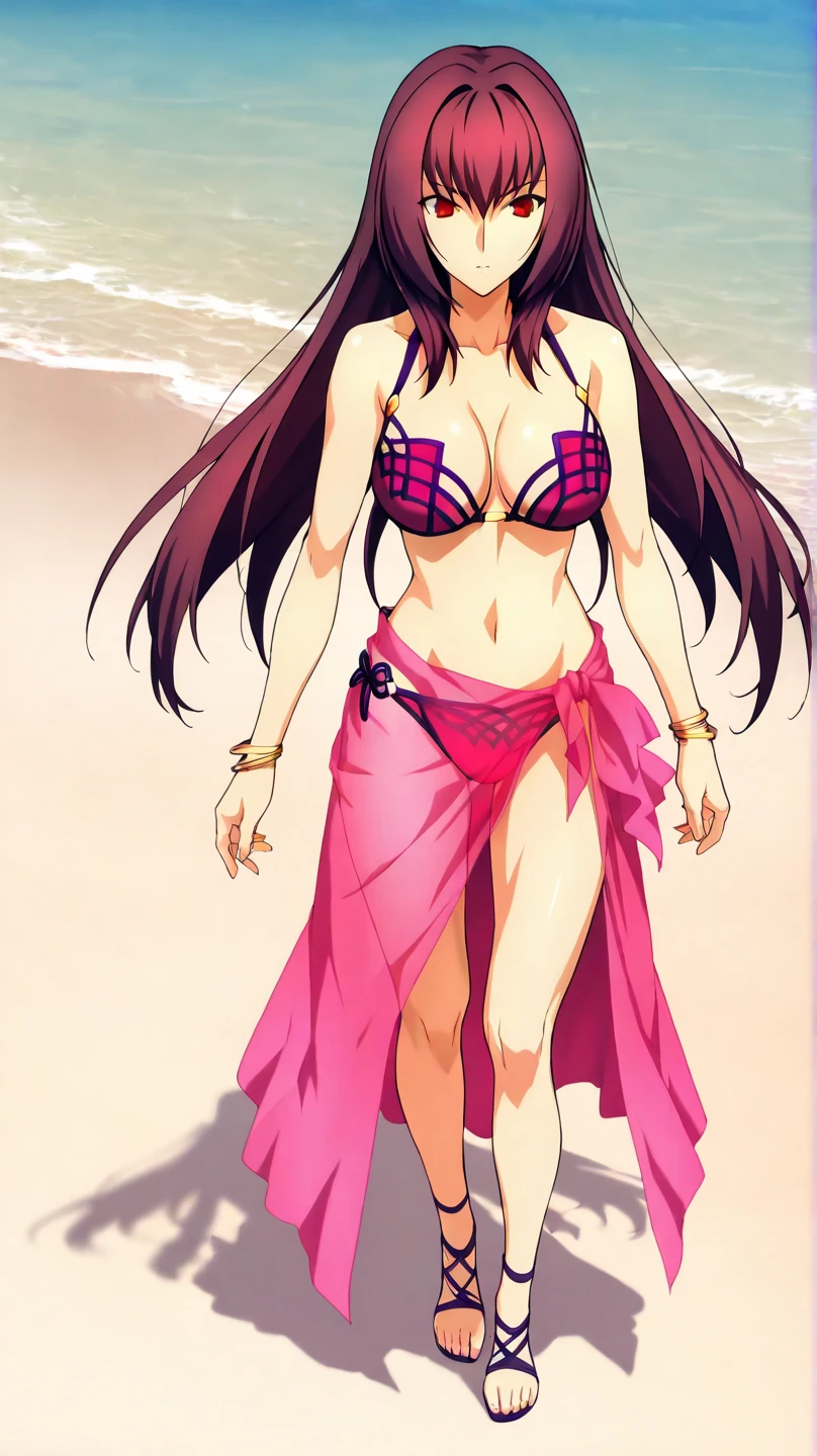 high resolution, masterpiece, necessary, detail, best quality, quality, necessary, tall details, High details, Precise, full body, 

 1girl, alone, linda,  Costume, ufotable style, ufotable anime, playa, mar, sand

Scathach (assassin), scathach Fate Grand Order, fate,  Fate Grand Order, long hair, red eyes, pink bikini, bikini, flor el la cabeza, pink Sarong
