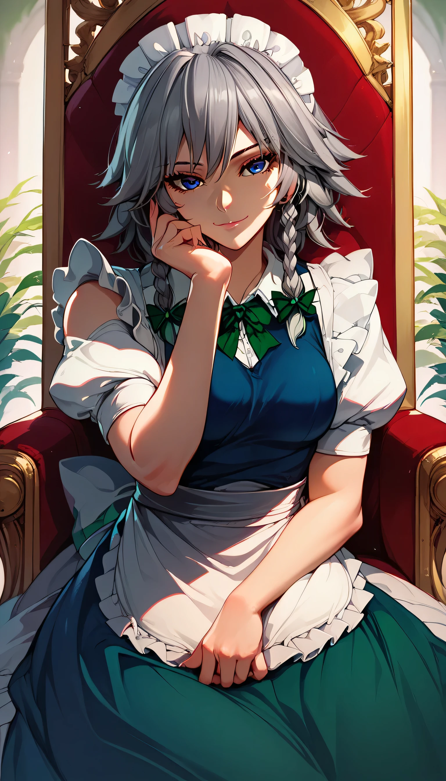 1girls, solo, female_focus, , sitting, , throne, pants, , looking_at_viewer, eye_of_horus, , , ,, smile, chain, closed_mouth, , , traditional_media, ,head_rest, SAKUYA
MAID HEADDRESS, IZAYOI SAKUYA, BRAID, TWIN BRAIDS, GREY HAIR, SHORT HAIR, SAKUYA, SOLO, LOOKING AT VIEWER, BOW, BLUE EYES, HAIR BOW, GREEN BOW, BANGS, MAID, PUFFY SLEEVES, SHORT SLEEVES, APRON, DRESS, BLUE DRESS