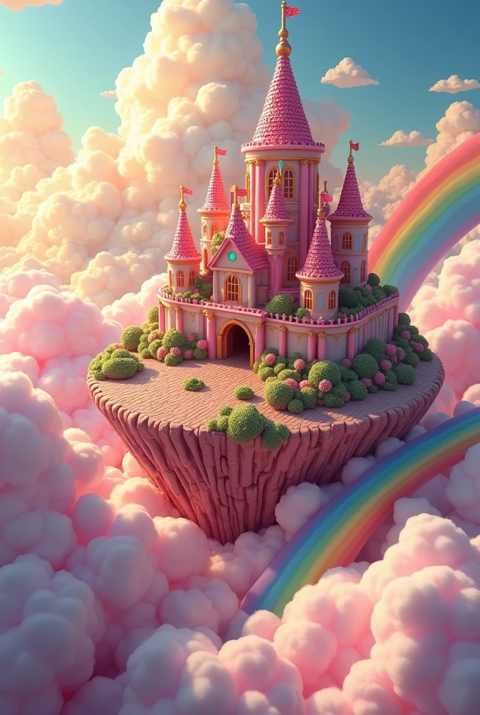 ASCIIaerial view very high altitude extreme wide shot pink cyan diamond fantasy castle on the clouds, pool waterfall