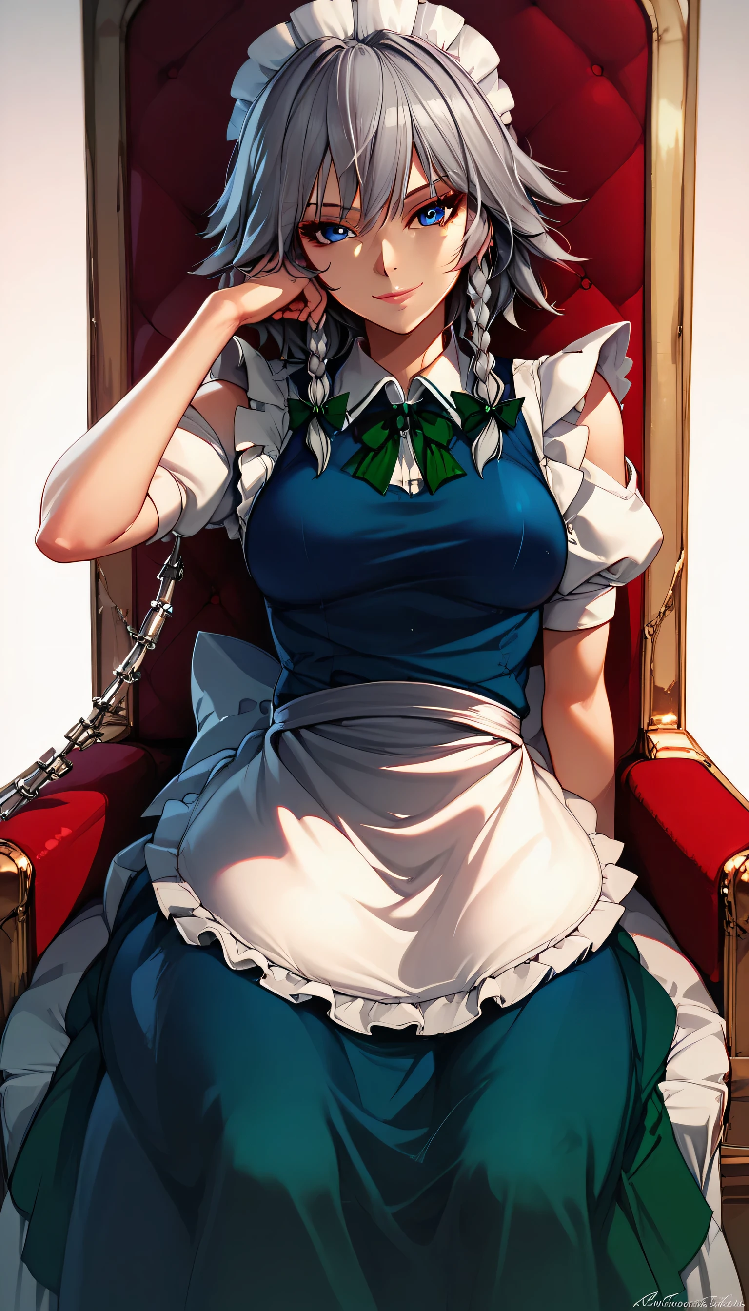 1girls, solo, female_focus, , sitting, , throne, pants, , looking_at_viewer, eye_of_horus, , , ,, smile, chain, closed_mouth, , , traditional_media, ,head_rest, SAKUYA
MAID HEADDRESS, IZAYOI SAKUYA, BRAID, TWIN BRAIDS, GREY HAIR, SHORT HAIR, SAKUYA, SOLO, LOOKING AT VIEWER, BOW, BLUE EYES, HAIR BOW, GREEN BOW, BANGS, MAID, PUFFY SLEEVES, SHORT SLEEVES, APRON, DRESS, BLUE DRESS