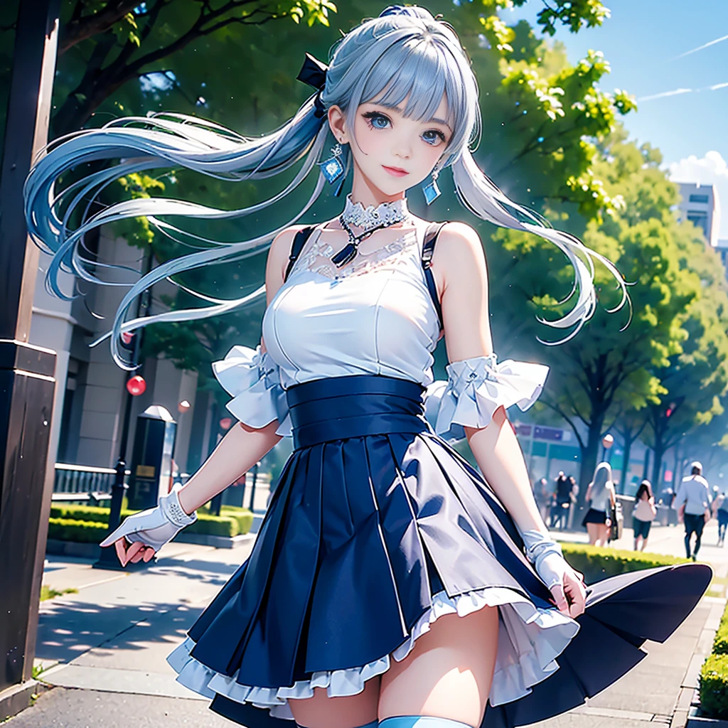 (Vulgar,nsfw),(skirt lift,very windy),(beautiful elegant white panties),very low angle,from below),((masterpiece, highest resolution,best quality)), (beautiful illustration), ((Kamisato Ayaka in Genshin Impact)), ((semi long beautiful silver blue hair,blunt bangs,pony tail,beautiful blue eyes)),(solo),(beautiful elegant office blouse and black skirt,skirt lifted by herself,own hands),(looking at the viewer), (walking around the shopping mall),
(innocent smile, Embarrassed),(white over-kneehighs,Lace chalker, wristband, fingerless gloves, over-kneehighs,
Lace chalker, diamond necklace,wristband, fingerless gloves, earrings), (cinematic lighting, very windy),shopping mall,big city,busy street,day,blue sky,flowers and trees,crowded,(from the ground),(beautiful elegant Underwear patterns),