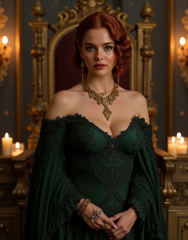 masterpiece, high quality, intricate details, cinematic photo queen Alicent, Alicent, brunette hair, wearing green (lingerie) sexy cleavage, big hair, wavy hair, sitting thighs, low shot, seductive, dark room candles throne, crown, realistic, best quality, highly detailed high saturation