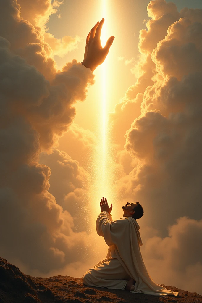 CREATE THE HAND OF GOD COMING OUT OF THE CLOUDS by touching a PERSON PRAYING with a lot of light