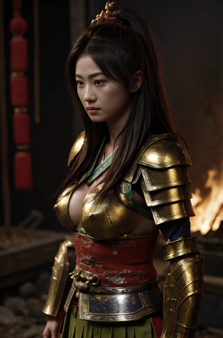 Female guan yu, fantasy theme, beautiful and cute japanese, huge eyes, cute, skinny, small waist, small hip, long straight hair, medium saggy breasts:1.7, realistic medium breasts, areolae slipped:1.7, gigantic areolae, breasts apart:1.5, ancient armor, green and gold armor torn broken, intricate torn shirt, extremely detailed torn clothes, burnt clothes, after battle, lost a battle, fire burning ancient China city, soft lighting, ultra details, realistic skin, masterpiece, 4k