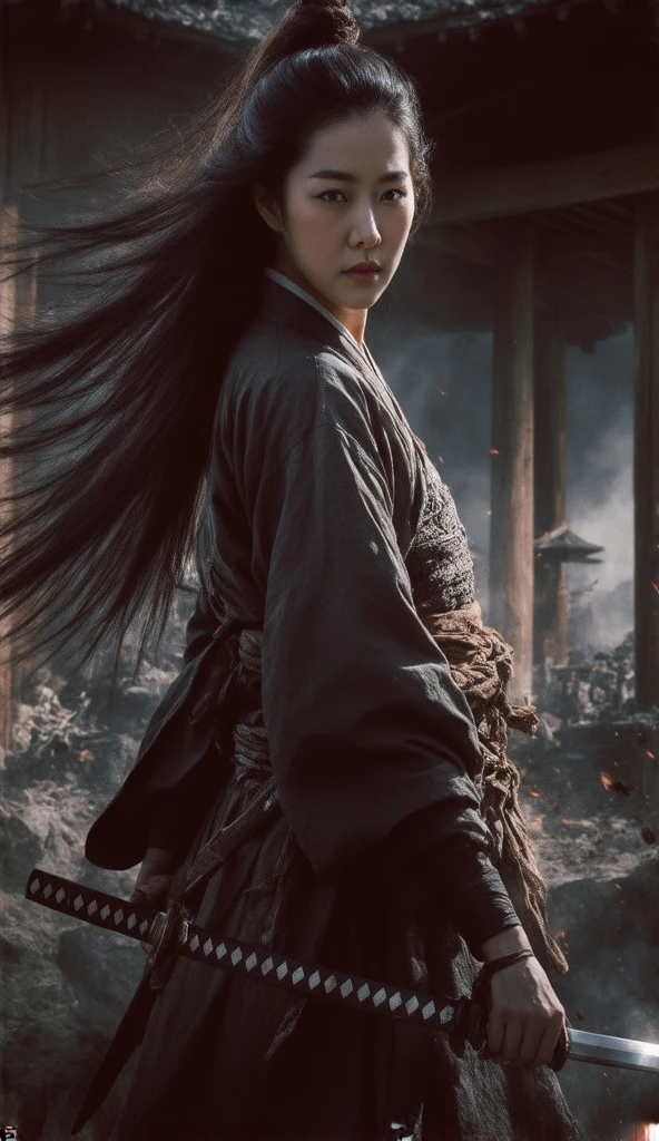 Beauty female samurai, she has long black hair, wearing kimono, armed with a katana, dojo room, detailed body shape, perfect beauty Korean face oval head, holding katana, full body, japanese background artwork, masterpiece, whole body in picture, with katana, detailed finger, cool beautiful face, detailed hand 