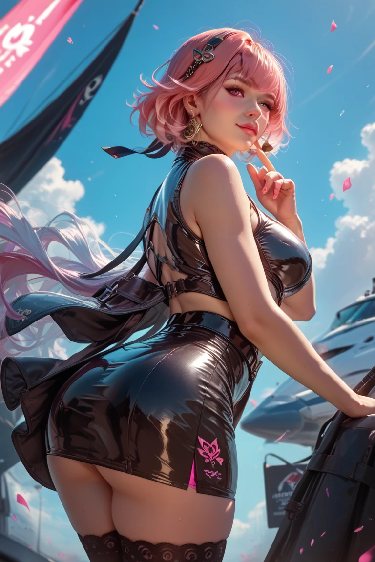 A woman with beautiful faces big boobs big ass pink hair pink eyes in a military suit wearing a tight skirt in a private club