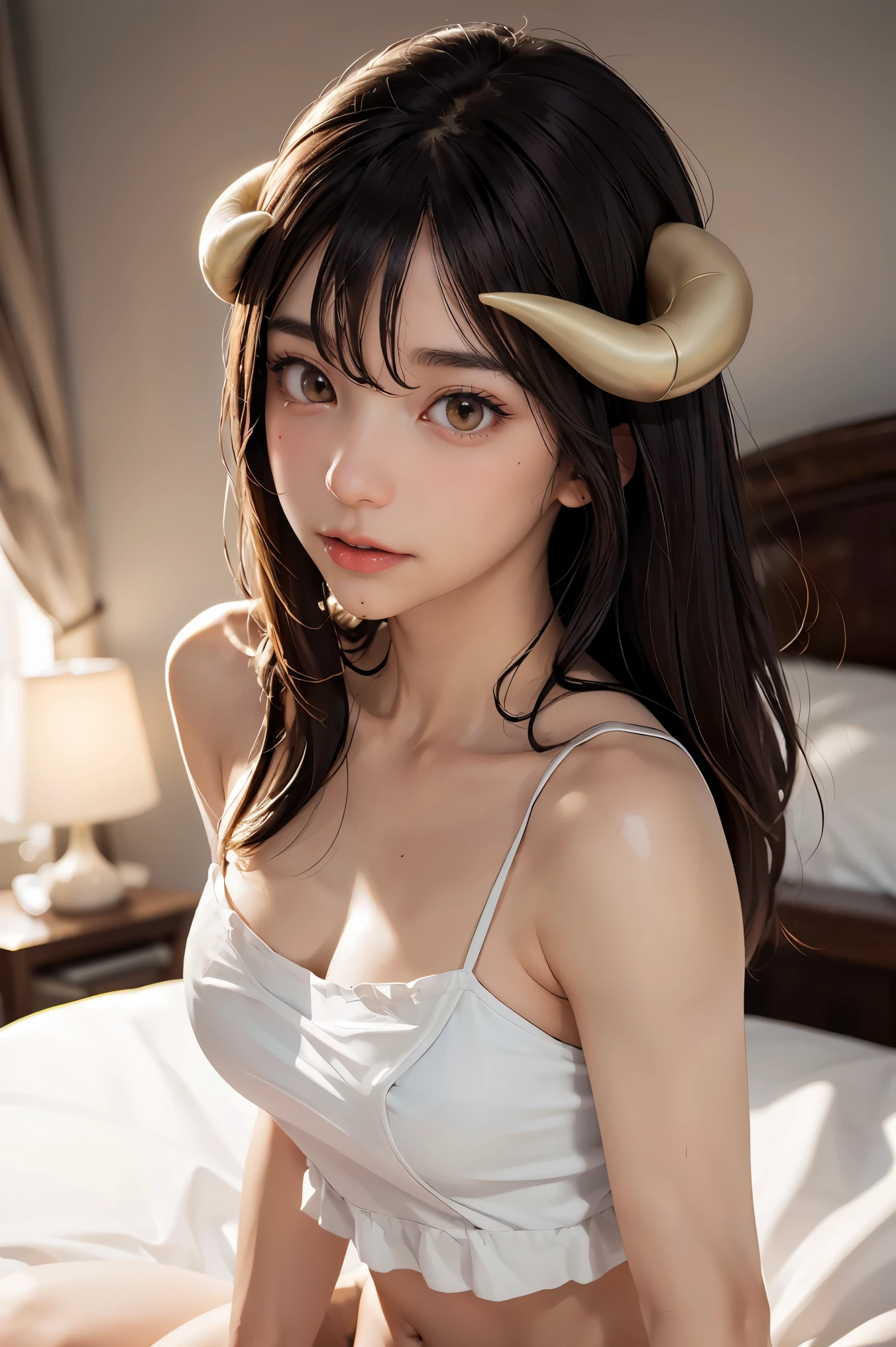 Beauty, Hidden Face, 1 Girl, Beauty: 1.3, Slender Abs: 1.1, Camisole Vest, Long Brunette Hair, (Sitting on the Bed), Ultra-detailed Face, Highly Detailed Lips, Detailed Eyes, Double Eyelids, horns, 