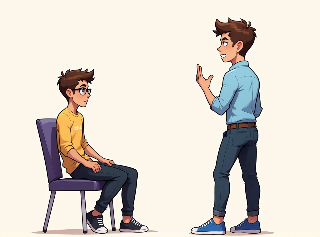 Draw a scene with two young men in a minimalist room. One is sitting in a chair, leaning forward as if hesitant or uncertain, preparing to get up, wearing a yellow shirt and glasses. The other, wearing a light blue shirt, stands confidently nearby, gesturing upwards with a reassuring expression. The atmosphere is reminiscent of a moment of motivation, encouraging action or decision-making.