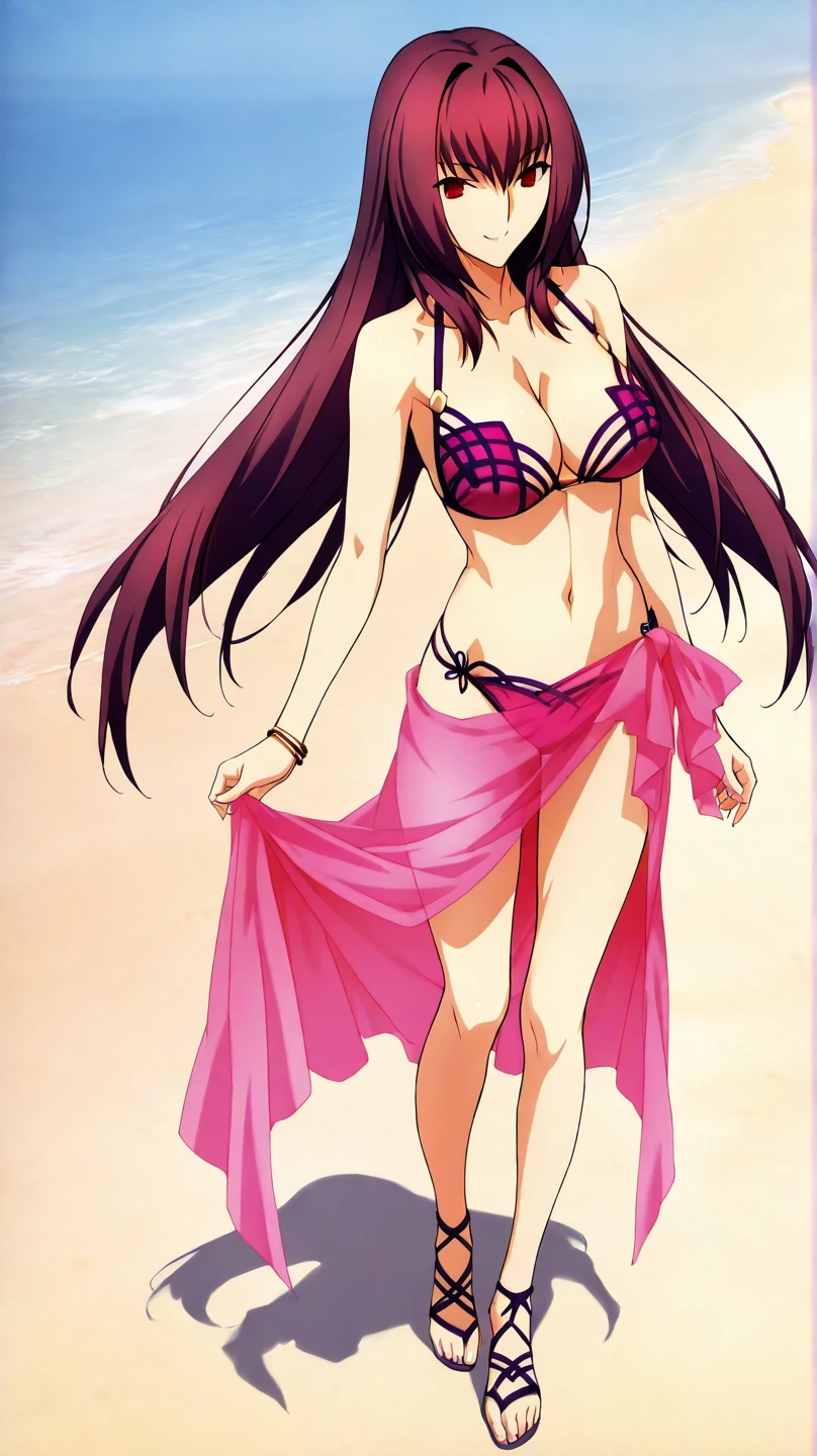 high resolution, masterpiece, necessary, detail, best quality, quality, necessary, tall details, High details, Precise, full body, 

 1girl, alone, linda,  Costume, ufotable style, ufotable anime, beach, sea, sand, smile

Scathach (assassin), scathach Fate Grand Order, fate,  Fate Grand Order, long hair, red eyes, pink bikini, bikini, flor el la cabeza, pink Sarong
