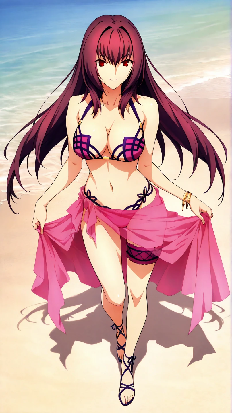 high resolution, masterpiece, necessary, detail, best quality, quality, necessary, tall details, High details, Precise, full body, 

 1girl, alone, linda,  Costume, ufotable style, ufotable anime, beach, sea, sand, smile

Scathach (assassin), scathach Fate Grand Order, fate,  Fate Grand Order, long hair, red eyes, pink bikini, bikini, flor el la cabeza, pink Sarong
