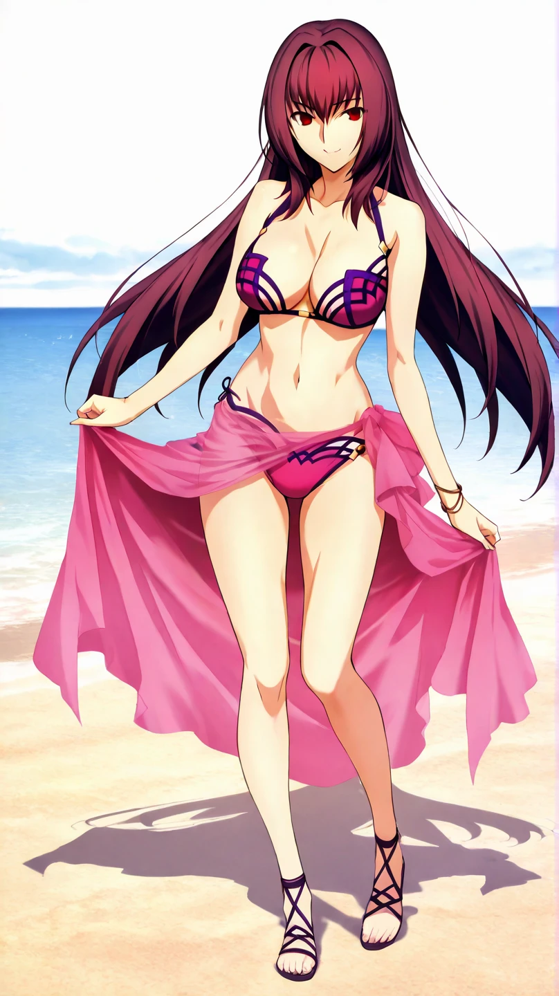 high resolution, masterpiece, necessary, detail, best quality, quality, necessary, tall details, High details, Precise, full body, 

 1girl, alone, linda,  Costume, ufotable style, ufotable anime, beach, sea, sand, smile

Scathach (assassin), scathach Fate Grand Order, fate,  Fate Grand Order, long hair, red eyes, pink bikini, bikini, flor el la cabeza, pink Sarong
