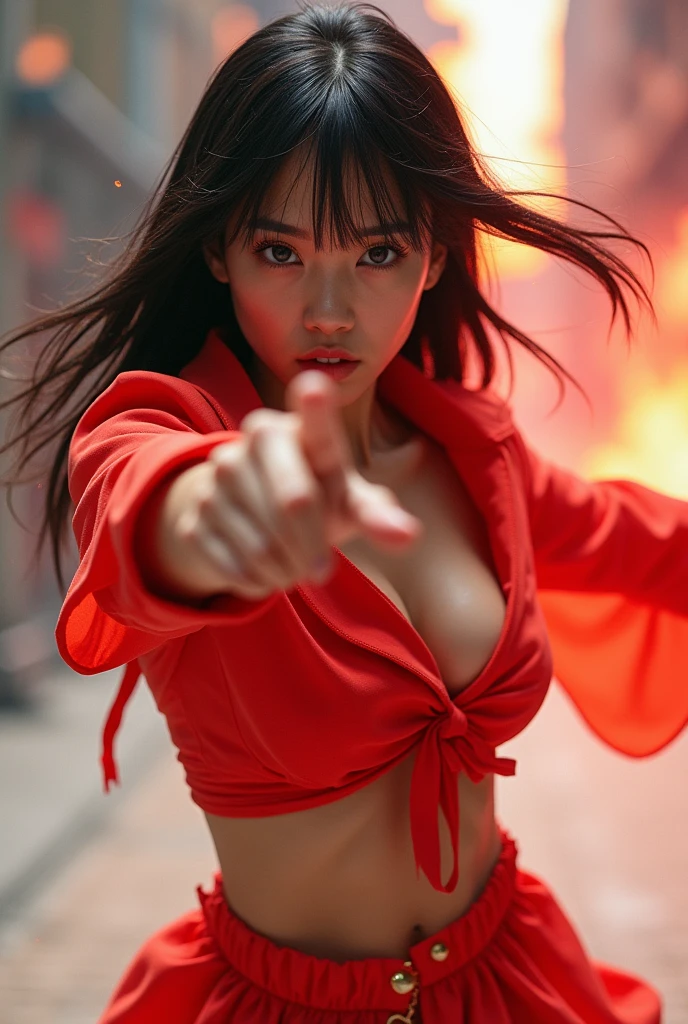 ((best quality)), ((masterpiece)), (detailed), perfect face, Big tits, asian girl, dragonball style, beatyful face, energie aura around a girl, goku, dragon ball, orange clothes, power, screaming, energie, super powered, full body, badly damaged clothes