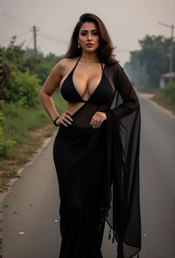 full body,front view,big boobs,cleavage,curvy body,black silk saree,black V-shaped bra,standing position,asking for a lift on the road,Indian,cleavage