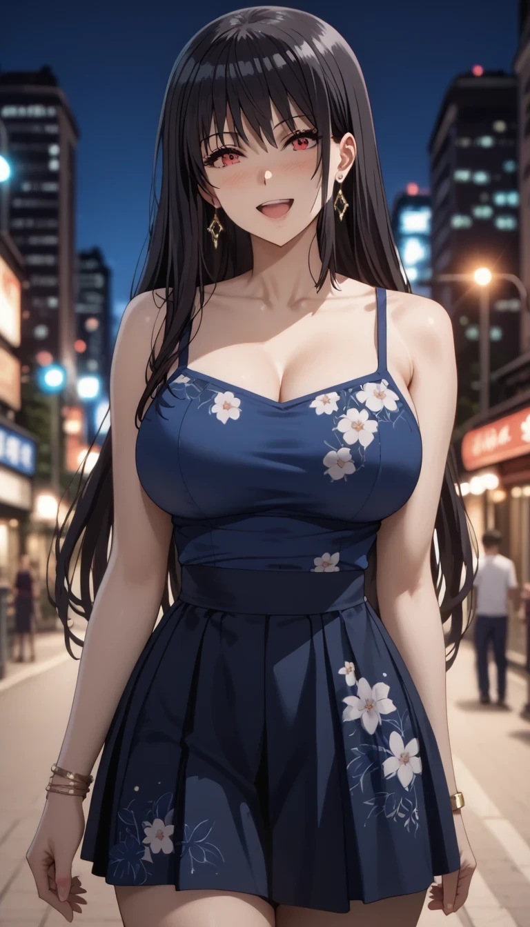 Source anime, Tall girl, Fit girl,score_9, score_8_up, score_7_up, score_6_up, uncensored, claire kagenou, long hair, black hair, red eyes, huge breast,  thicc thighs, 1girl, solo, jewelry, long_hair, skirt, open_mouth, smile, looking_at_viewer, earrings, bracelet, blue_skirt,city, night, blurry backgrounds, blurry backgrounds, shirt, collarbone, :d, arm_behind_back, bangs, one_side_up, bare_shoulders, floral_print, blue_shirt, blush, head_tilt, standing, shoulder_cutout, ribbon, hand_up