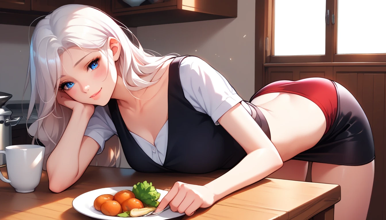 Adult female, 37 years old, long white hair, pale skin and slight blush on cheeks, blue eyes, beautiful anime appearance sharp facial features, wearing a white blouse, long black satin skirt. Top-down view. The location is an expensive kitchen in a flat. Sitting with her butt on the kitchen table. There are dishes on the table, a white tablecloth. One leg hanging down, the other leg on the table. One hand is leaning backwards. The other hand is at her mouth. Legs in front, red panties showing under her skirt. A haughty expression on her face, smiling imperiously, provocation