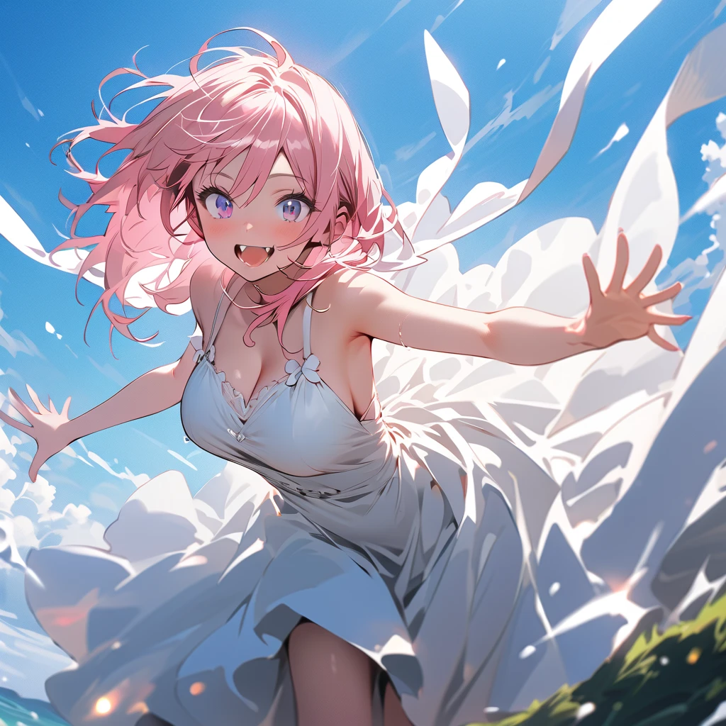 (beautiful girl: 1.3), 1girl, masterpiece, Highest quality, Ultra-high resolution, rich contrast, super high quality, 8k, detailed CG unit wallpaper, texture, Ultra-high resolution, RAW Photos, (Depth of Field:1.2), (White Summer Dress), (((Short Pink Hair))), Ultra-detailed violet eyes, excited expression, arms wide open, Glowing Skin, Glitter effect, blue sky, summer, windy, standing on top of a hill, (Large Breasts), Long eyelashes