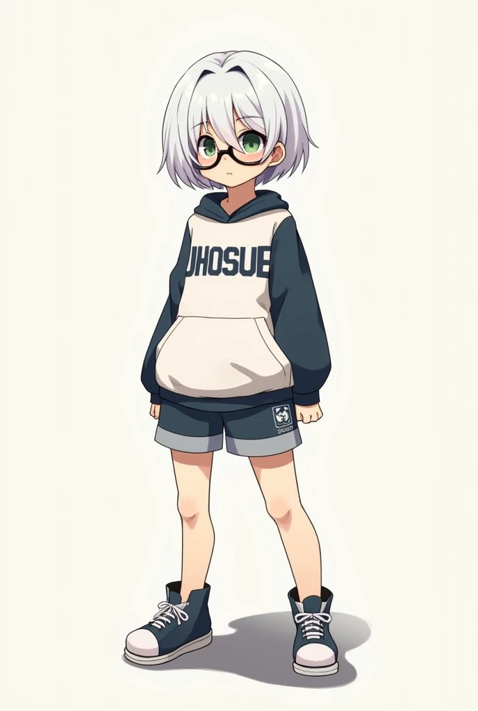1 girl, solo, Ito, hood with animal ears, white hoodie, blonde hair, glasses, multicolored hair, blue polka dot panties, purple eyes, short hair, skirt, socks,