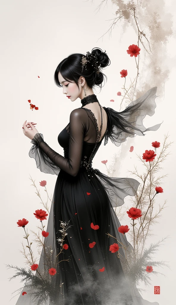 (traditonal chinese ink paiting),portrait,1woman, flying petals,Upper body, black_dress  with gothic twist,hair_decoration,