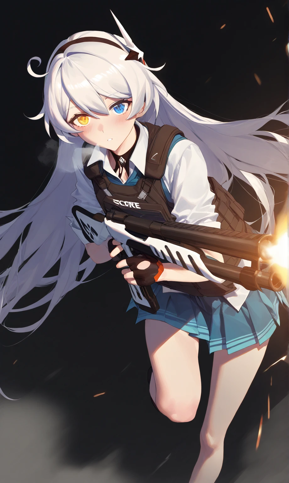 1girl, kiana kaslana \(honkai impact 3\), HoV, Silver hair, ahoge, long hair, heterochromia, yellow eye, blue eye, symbol-shape pupils, blush, heavy breath, airseal, (ciloranko:0.75), from above, dutch angle, feet out of frame, beretta 1301, shotgun, foreshortening, leaning forward, muzzle flash, steam, bulletproof vest, fingerless gloves, firing, holding gun, holding weapon, looking looking at viewer, parted lips, froating, (shade:1.2), (white and purple theme:0.7), pleated skirt, standing on one leg, sidelocks, sleeves rolled up, solo, dust cloud, light particles, depth of field, black background, (leviathan \(hikinito0902\), modare:0.75), masterpiece, best quality, good quality, newest, year 2024, year 2023