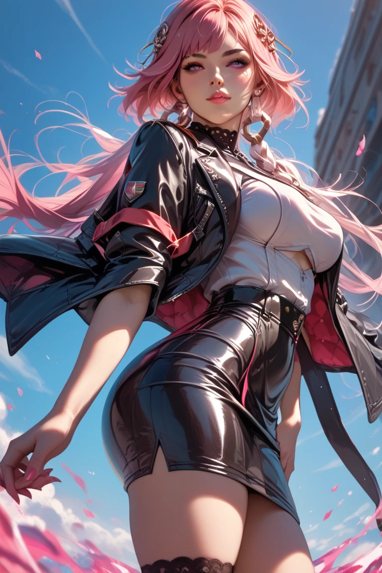 A woman with beautiful faces big boobs big ass pink hair pink eyes in a military suit wearing a tight skirt in a private club