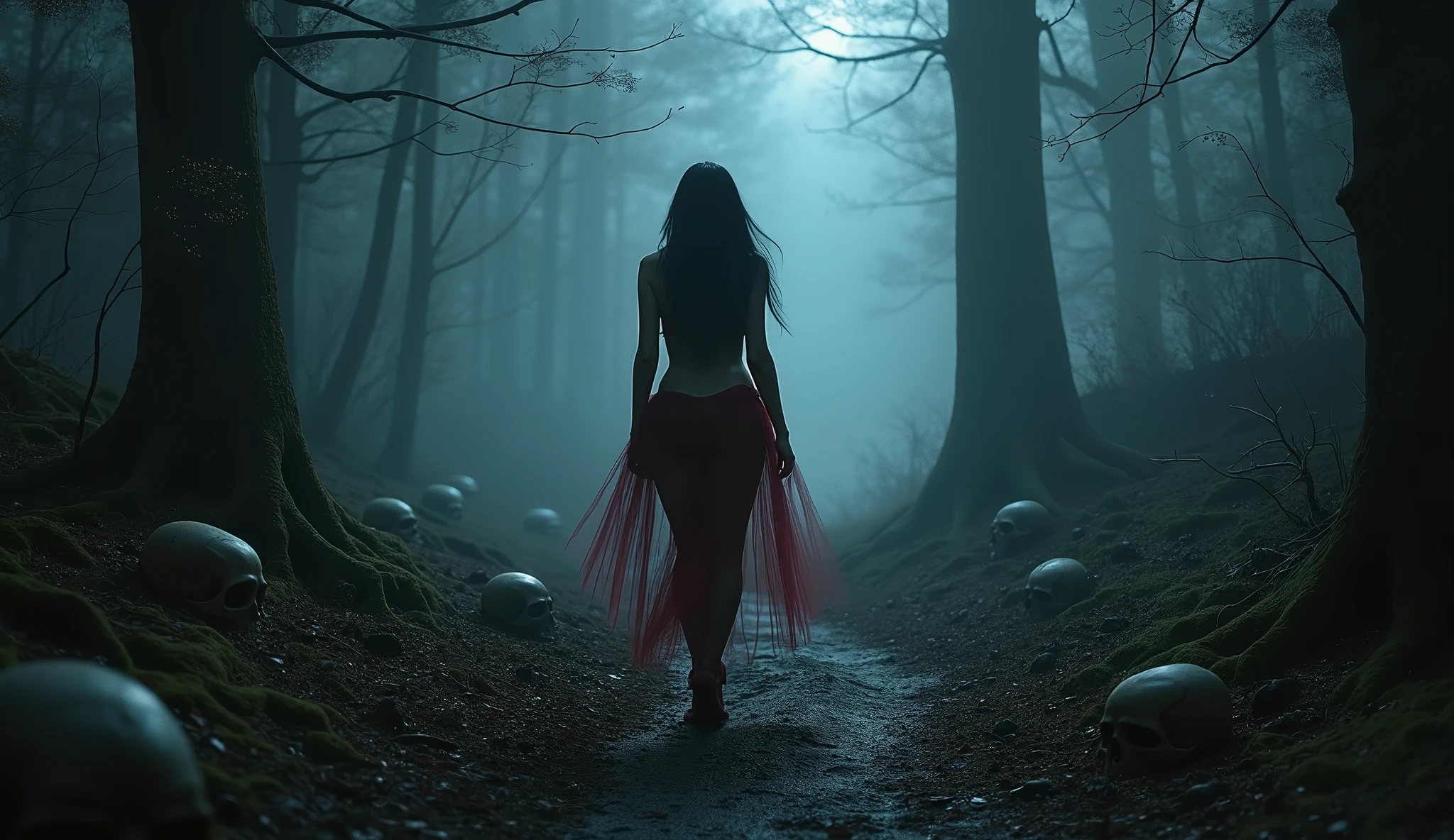 there is a Beautiful asian woman, red lips, thick long hair, red micro bikini, g string bikini, big breast, curve hourglass body, red high heels, walking on a dock with a bird flying in the background, mysterious girl, dramatic backgroung, portal to another world, novel cover art for a book, girl walking in dark forest, magical realism and dark fantasy, dreamy and ethereal and dark, by Lucia Peka, photomanipulation, eerie art style, looking through a portal