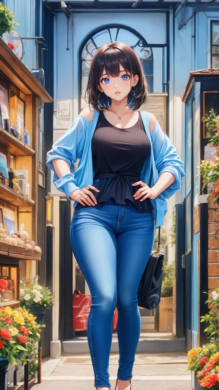 Adult women, Curvy thick body , DD size breasts ,  black hair,  shoulder length hair,  black hair in a  shoulder length hairstyle,  light blue eyes ,  with an adult-like face ,  is very beautiful, Intimidating look,  feminine style clothes, Peplum shirt, jeans,  cardigan,  feminine,  pose, Town Town .