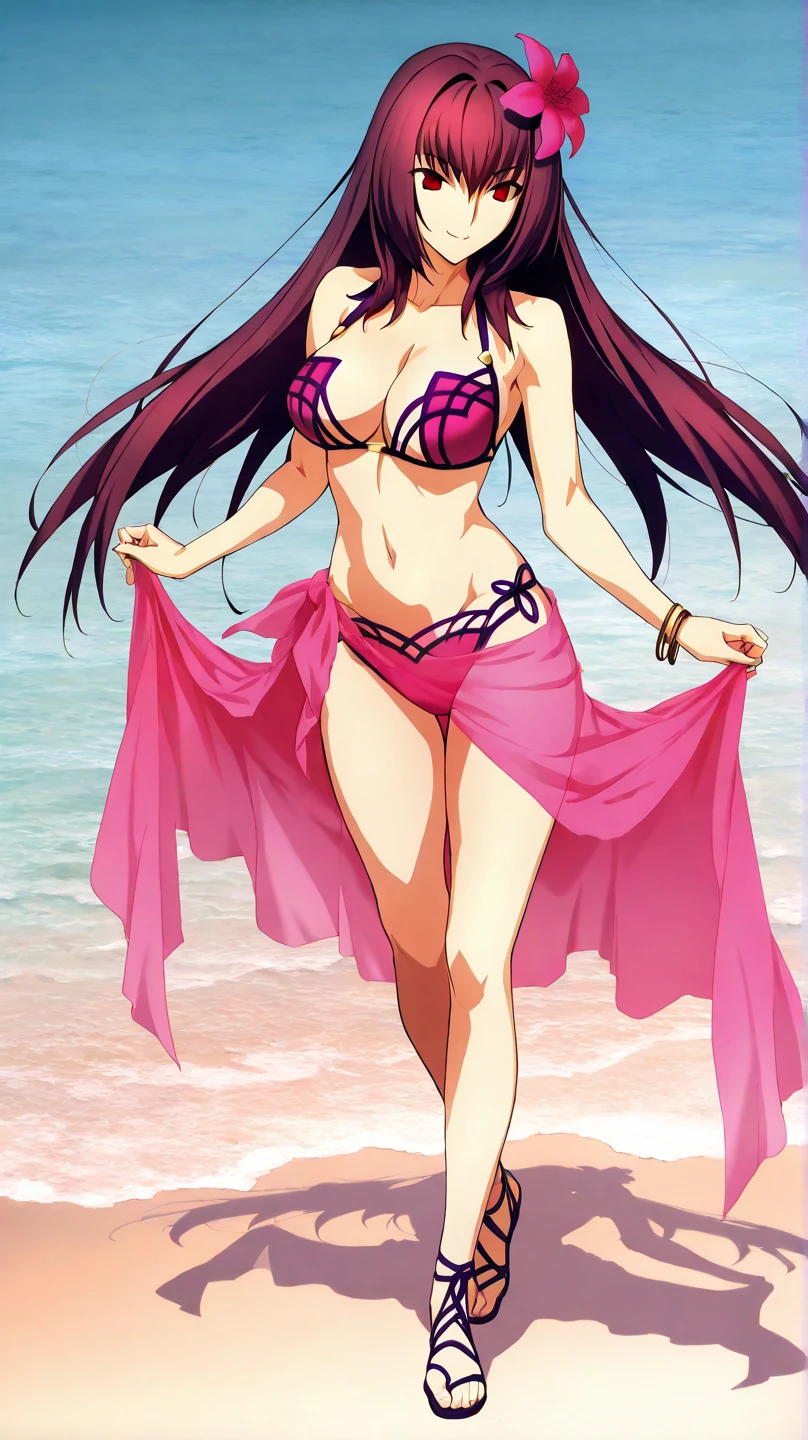 high resolution, masterpiece, necessary, detail, best quality, quality, necessary, tall details, High details, Precise, full body, 

 1girl, alone, linda,  Costume, ufotable style, ufotable anime, beach, sea, sand, smile

Scathach (assassin), scathach Fate Grand Order, fate,  Fate Grand Order, long hair, red eyes, pink bikini, bikini, flower on the head, pink Sarong
