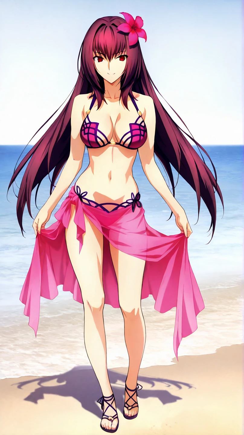 high resolution, masterpiece, necessary, detail, best quality, quality, necessary, tall details, High details, Precise, full body, 

 1girl, alone, linda,  Costume, ufotable style, ufotable anime, beach, sea, sand, smile

Scathach (assassin), scathach Fate Grand Order, fate,  Fate Grand Order, long hair, red eyes, pink bikini, bikini, flower on the head, pink Sarong
