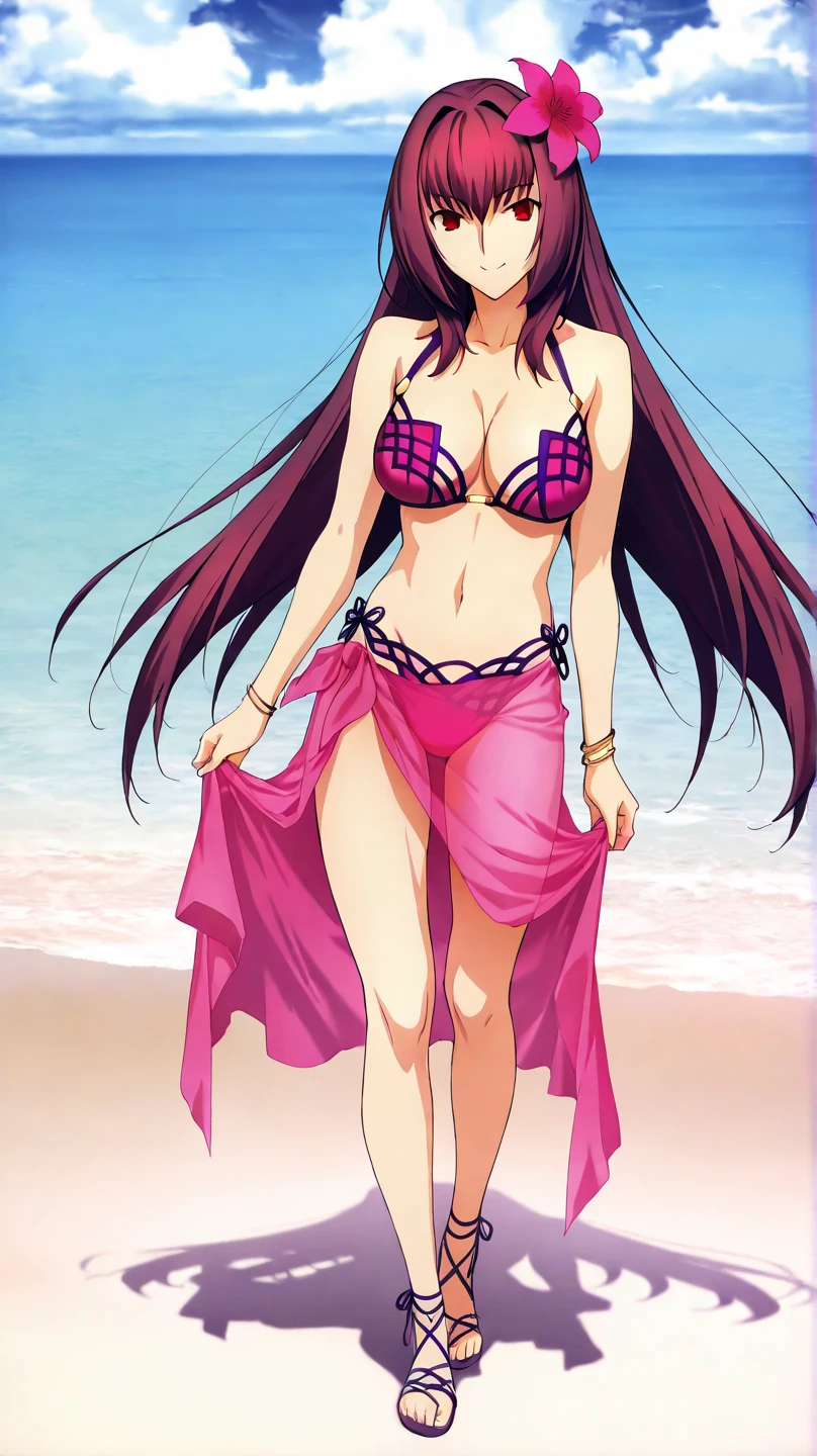 high resolution, masterpiece, necessary, detail, best quality, quality, necessary, tall details, High details, Precise, full body, 

 1girl, alone, linda,  Costume, ufotable style, ufotable anime, beach, sea, sand, smile

Scathach (assassin), scathach Fate Grand Order, fate,  Fate Grand Order, long hair, red eyes, pink bikini, bikini, flower on the head, pink Sarong
