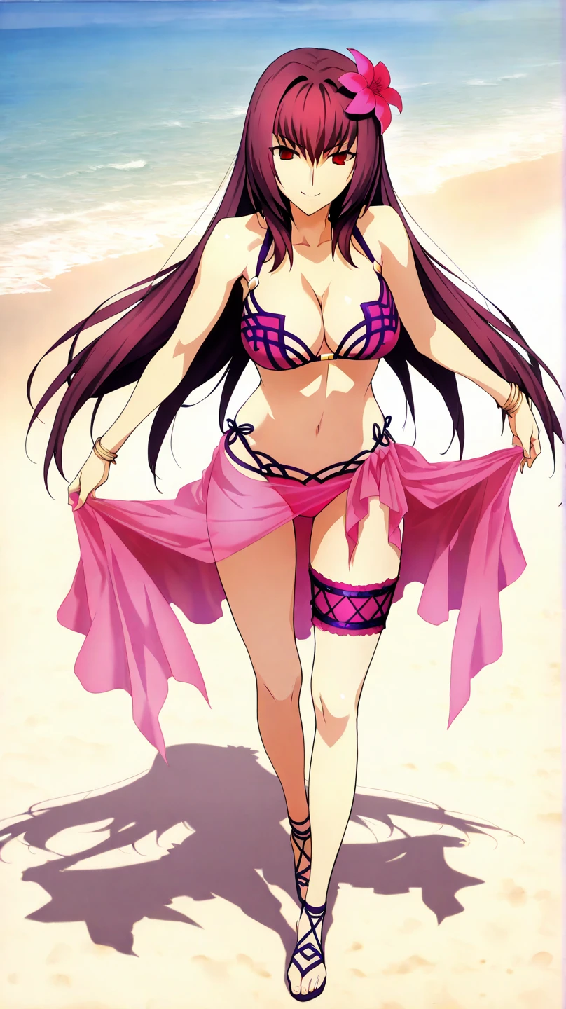 high resolution, masterpiece, necessary, detail, best quality, quality, necessary, tall details, High details, Precise, full body, 

 1girl, alone, linda,  Costume, ufotable style, ufotable anime, beach, sea, sand, smile

Scathach (assassin), scathach Fate Grand Order, fate,  Fate Grand Order, long hair, red eyes, pink bikini, bikini, flower on the head, pink Sarong
