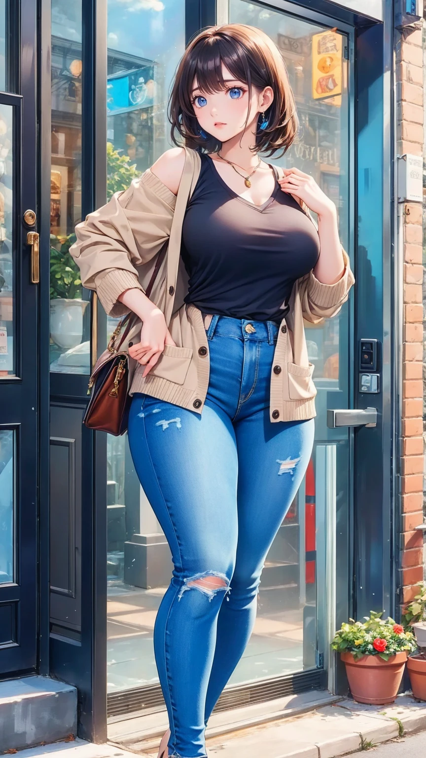 Adult women, Curvy thick body , DD size breasts ,  black hair,  shoulder length hair,  black hair in a  shoulder length hairstyle,  light blue eyes ,  with an adult-like face ,  is very beautiful,  intimidating look ,  feminine style clothes, peplum shirt , jeans,  cardigan,  feminine,  pose, Town Town .