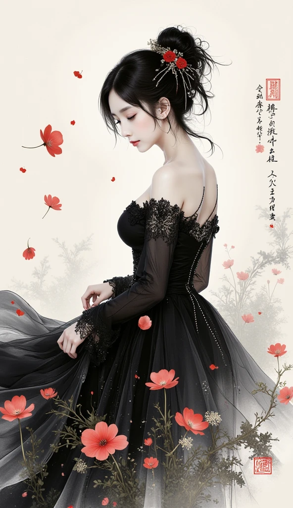 (traditonal chinese ink paiting),portrait,1woman, flying petals,Upper body, black_dress  with gothic twist,hair_decoration,