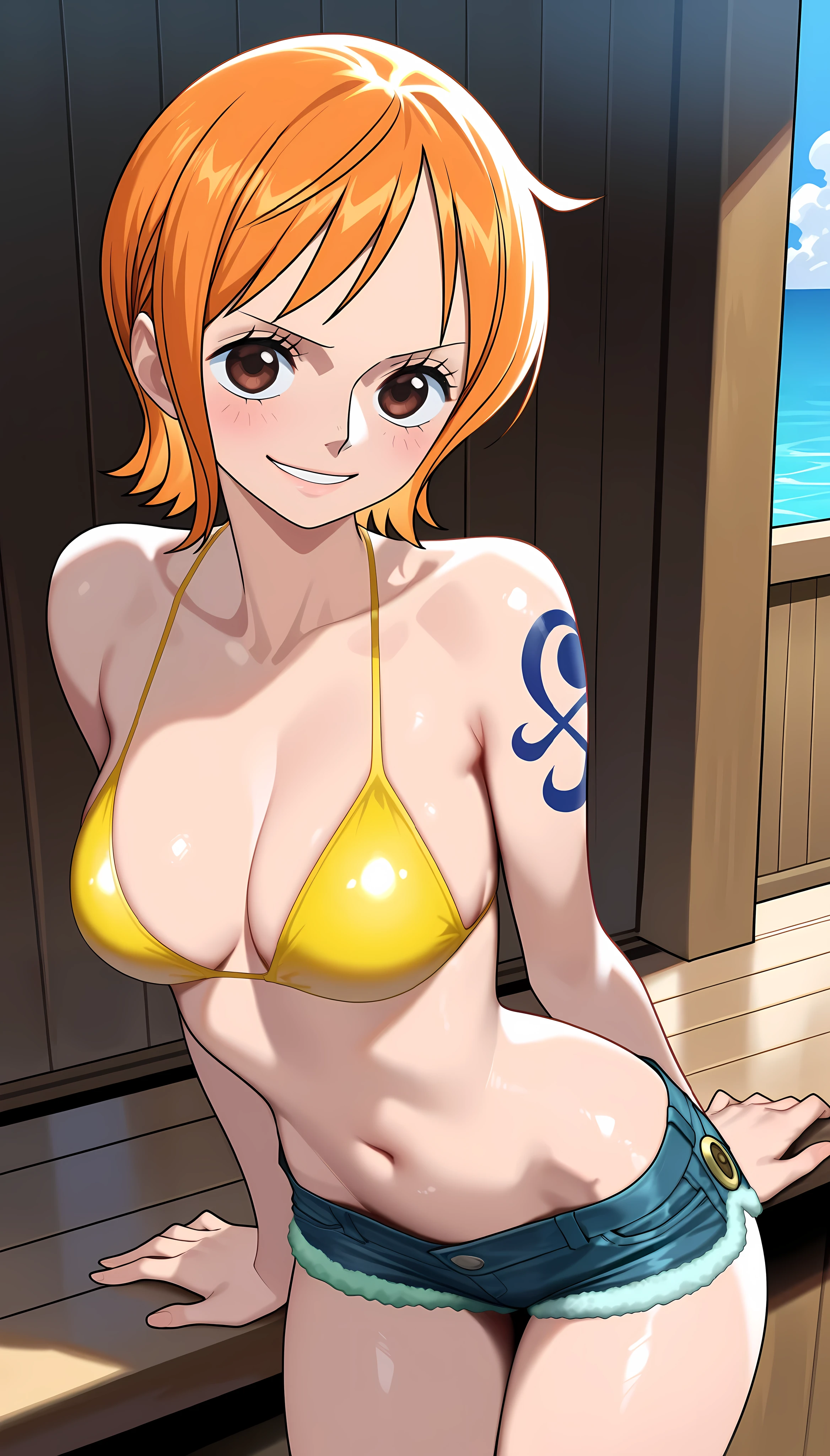 (masterpiece, 4K, Highest quality, anime style: 1.9, Detailed face, Lovely, Ocean,bold, High resolution, anime, Lake 4. alone, Curvaceous, Very slim belly, Cowboy Shot, 1 Girl,smile,Please open your mouth wide,View your viewers,(Big Breasts),ONE PIECE,US,short hair,(Completely naked,Beautiful nipples,Orange pubic hair)