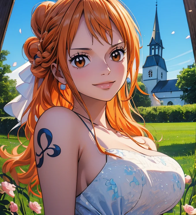 (masterpiece, best quality, 4K, 8k,   high definition  , 最高masterpiece:1.2),  super detailed, (Realistic, photoRealistic, photo-Realistic:1.37),   keep the anime style ,  dress, pale orange hair hidden in thick grass ,(Beautiful hairstyle,Braid 1 .3), tiara ,(Left shoulder tattoo), beautiful brown eyes, beautiful lips,Beautiful lipstick,smile, looking at the camera,  Big Breasts ,In a dress,Beautiful whole body,Holding a bouquet,church,bride,Beautiful blue sky,Trees, starry sky ,(elegant spot 1.4),Beautiful flowers, gradient ,Dancing petals,Petal Parade 