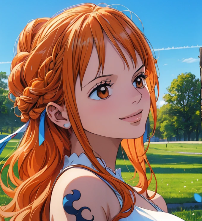 (masterpiece, best quality, 4K, 8k,   high definition  , 最高masterpiece:1.2),  super detailed, (Realistic, photoRealistic, photo-Realistic:1.37),   keep the anime style ,  dress, pale orange hair hidden in thick grass ,(Beautiful hairstyle,Braid 1 .3), tiara ,(Left shoulder tattoo), beautiful brown eyes, beautiful lips,Beautiful lipstick,smile, looking at the camera,  Big Breasts ,In a dress,Beautiful whole body,Holding a bouquet,church,bride,Beautiful blue sky,Trees, starry sky ,(elegant spot 1.4),Beautiful flowers, gradient ,Dancing petals,Petal Parade 