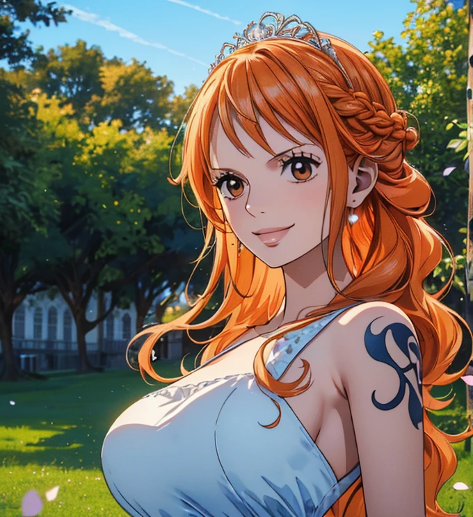 (masterpiece, best quality, 4K, 8k,   high definition  , 最高masterpiece:1.2),  super detailed, (Realistic, photoRealistic, photo-Realistic:1.37),   keep the anime style ,  dress, pale orange hair hidden in thick grass ,(Beautiful hairstyle,Braid 1 .3), tiara ,(Left shoulder tattoo), beautiful brown eyes, beautiful lips,Beautiful lipstick,smile, looking at the camera,  Big Breasts ,In a dress,Beautiful whole body,Holding a bouquet,church,bride,Beautiful blue sky,Trees, starry sky ,(elegant spot 1.4),Beautiful flowers, gradient ,Dancing petals,Petal Parade 