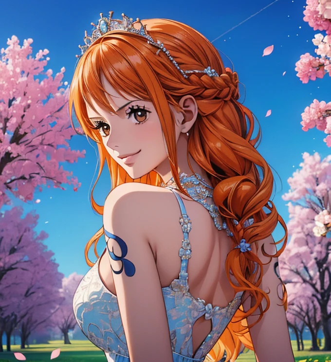 (masterpiece, best quality, 4K, 8k,   high definition  , 最高masterpiece:1.2),  super detailed, (Realistic, photoRealistic, photo-Realistic:1.37),   keep the anime style ,  dress, pale orange hair hidden in thick grass ,(Beautiful hairstyle,Braid 1 .3), tiara ,(Left shoulder tattoo), beautiful brown eyes, beautiful lips,Beautiful lipstick,smile, looking at the camera,  Big Breasts ,In a dress,Beautiful whole body,Holding a bouquet,church,bride,Beautiful blue sky,Trees, starry sky ,(elegant spot 1.4),Beautiful flowers, gradient ,Dancing petals,Petal Parade 