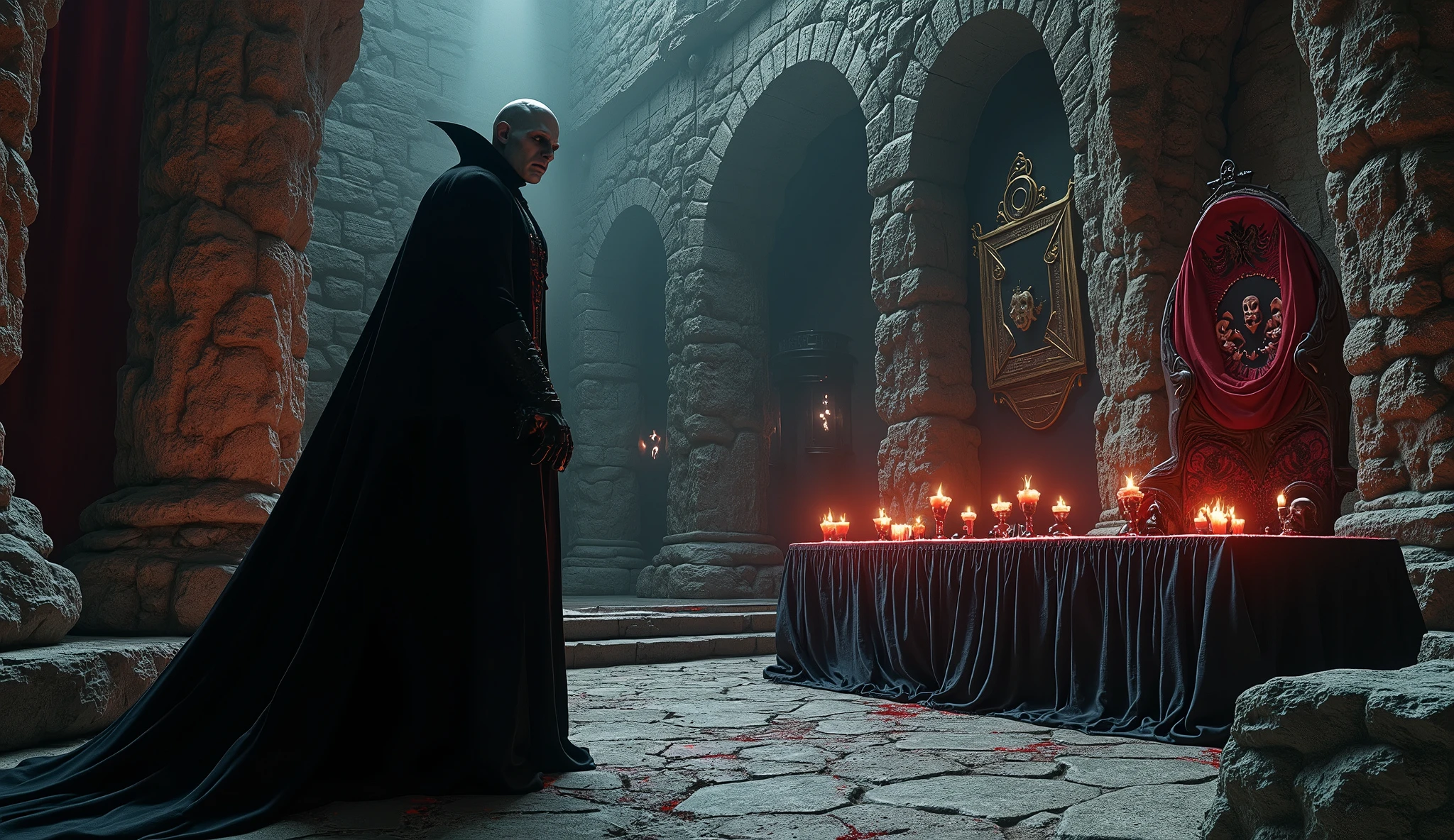 Create an image of an albino vampire named Fein at a sacrificial ritual gathering rave that exudes horror and terror. Fein should be depicted in the center of the image, with unnaturally pale skin, long and sharp fangs, and glowing red eyes that seem to pierce the soul. The setting should be an abandoned warehouse or underground catacombs, with the space transformed into a dark and foreboding ritual chamber, complete with flickering torches, symbols etched on the walls, and bloodstains on the floor. The gathering rave should be composed of a group of cult-like followers, all dressed in dark robes and huddled around Fein in a trance-like state, preparing to offer a sacrifice to their master. The overall mood of the image should be one of fear and terror, with the suggestion that Fein is a powerful and malevolent force that commands the obedience of his followers. The desired image quality should be ultra-high resolution, with deep shadows and rich textures. Sense of horror and dread.