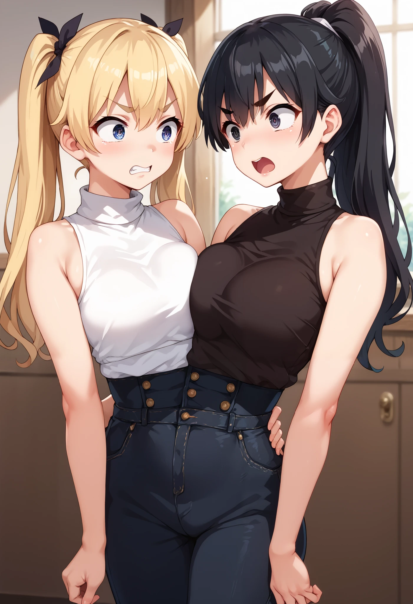 best resolution, conjoined, anime girl with two torsos shouting at each other, tall, blonde hair with ponytail with no bangs, black hair with double-pig tails,  different eyes, tareme eyes, tsurime eyes,  different eyebrows, argument, looking at each other, croptop turtleneck shirt, sleeveless high-waist pants, 