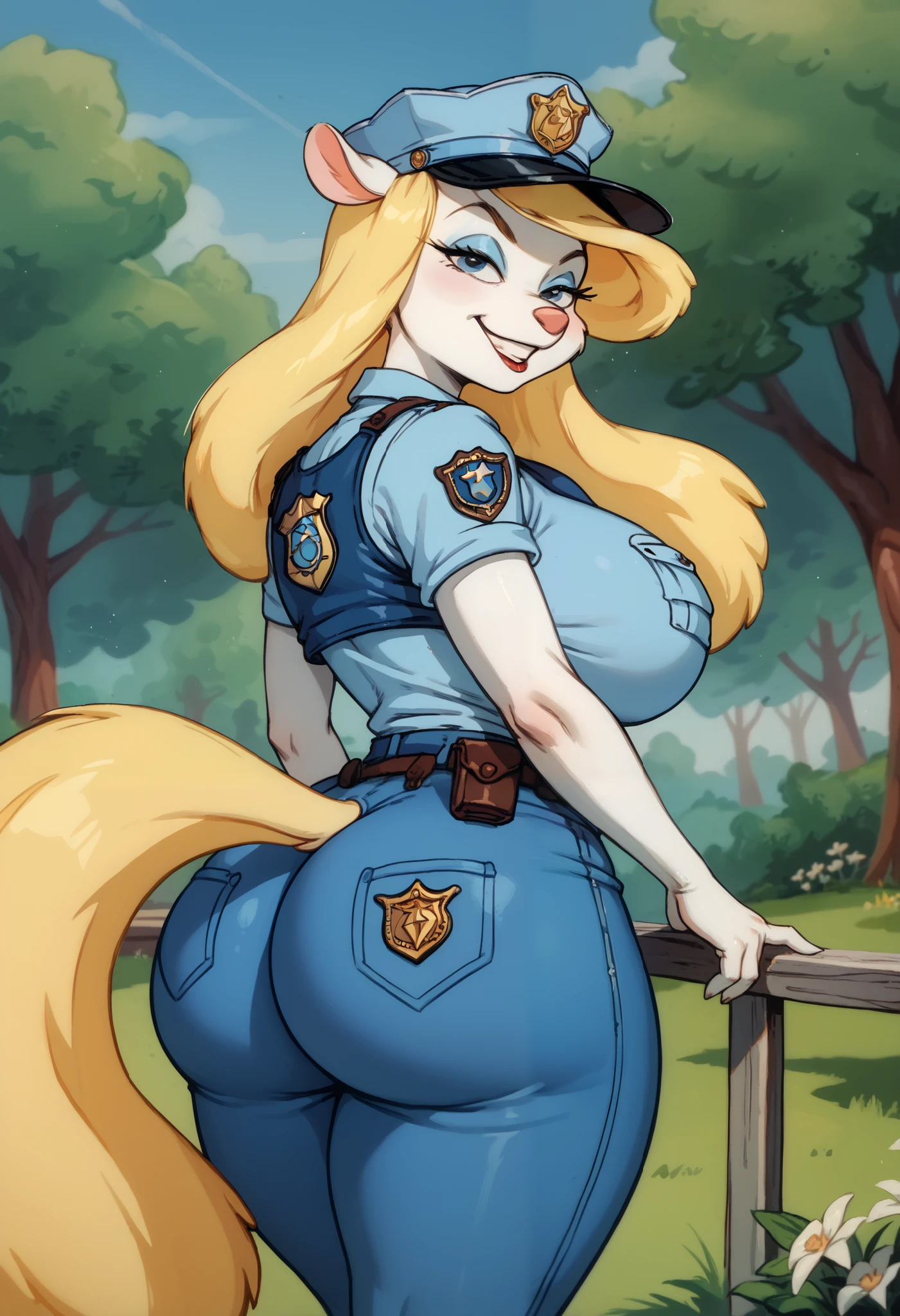 Minerva mink, in the woods, mischievous smile, huge breasts,huge ass, long yellow hair, blue eyes, white fur ,long hairy yellow tail ,little ears,police cap with vest ,