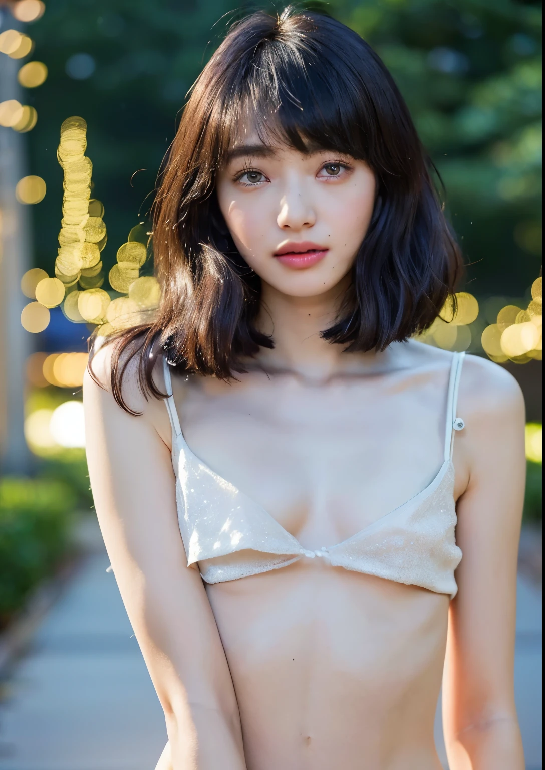 smile,((NSFW)),( Best Quality:1.2), Bitch,( female genitals:1.1),8k, Original photo, Beautiful sexual woman, cute beautiful girl at church,((彼女の裸のLower Bodyが見える、股間の female genitalsが見えている:1.3))、(( small chest:1.5))、(( shortcuts:1.5))、(( smaller bust:1.5))、 cleavage、 white skin、 ultra high resolution with forest background、Beautiful night view background、City lights、 beautiful face、A sense of innocence remains、masterpiece、 very delicate and beautiful professional photos、Thighs、Waist、Lower Body、( Christmas lights and decorations in front of a beautifully lit up church:1.3)、(light tube:1.3)、Luminarie