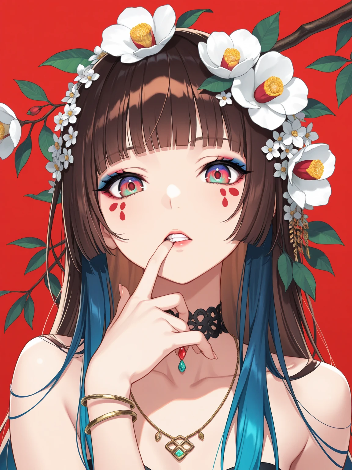 1girl, multicolored eyes, solo, flower, jewelry, red background, long hair, necklace, bracelet, hair flower, brown hair, looking at viewer, hair ornament, simple background, upper body, teeth, multicolored hair, blunt bangs, finger to mouth, hand up, collarbone, makeup, choker, fingernails, parted lips, eyeshadow, red eyes, blue hair, white flower, gradient eyes, camellia, bare shoulders, branch, finger in own mouth, facial mark, leaf                                                                                                                   
 ,masterpiece,best quality,newest,
