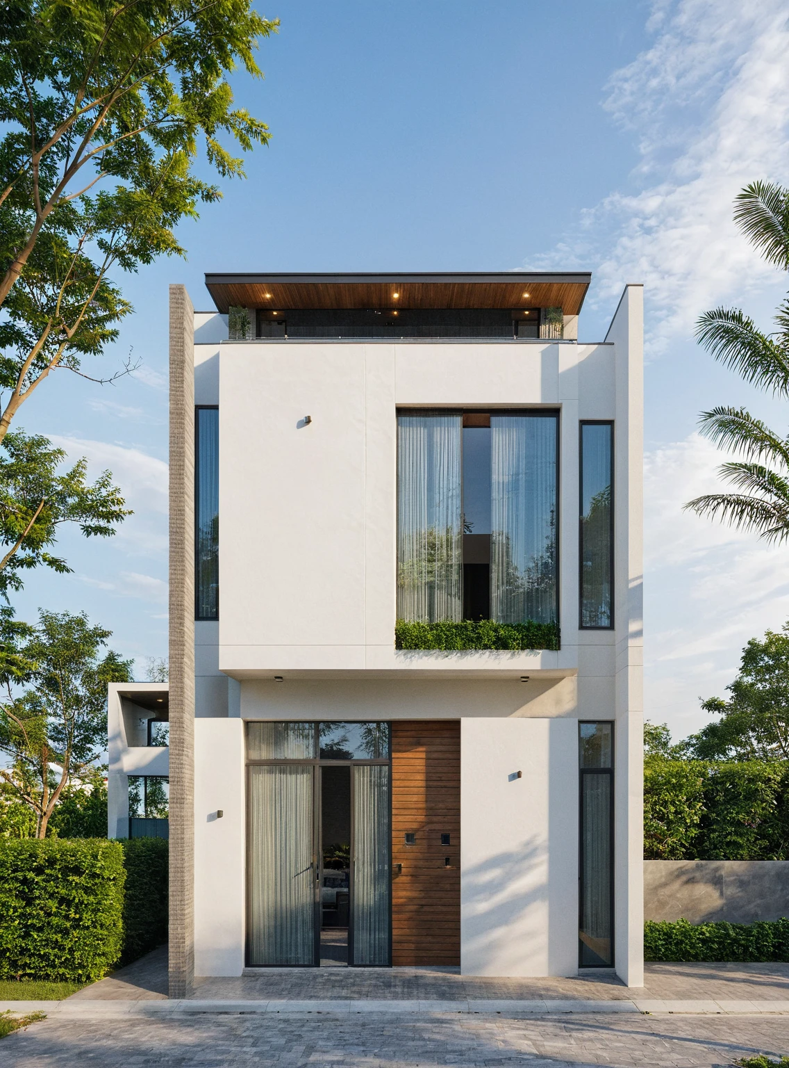 Raw photo, Masterpiece, high quality, best quality, authentic, super detail, outdoors, onestoreyvillaXL, aiaigroup, house style modern on the street ,stairs, white wall ,road,pavement, grass, trees, tropical plants, clear sky, cloud, (nature light), (daylight:1.2)
